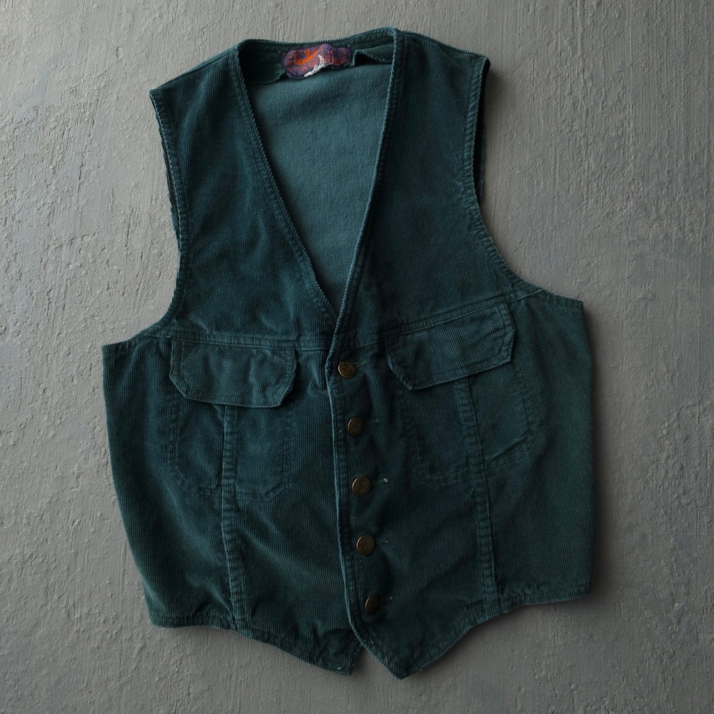 Vintage 70s Landlubber Green Corduroy Vest Medium Cinch Back Made in Hong Kong